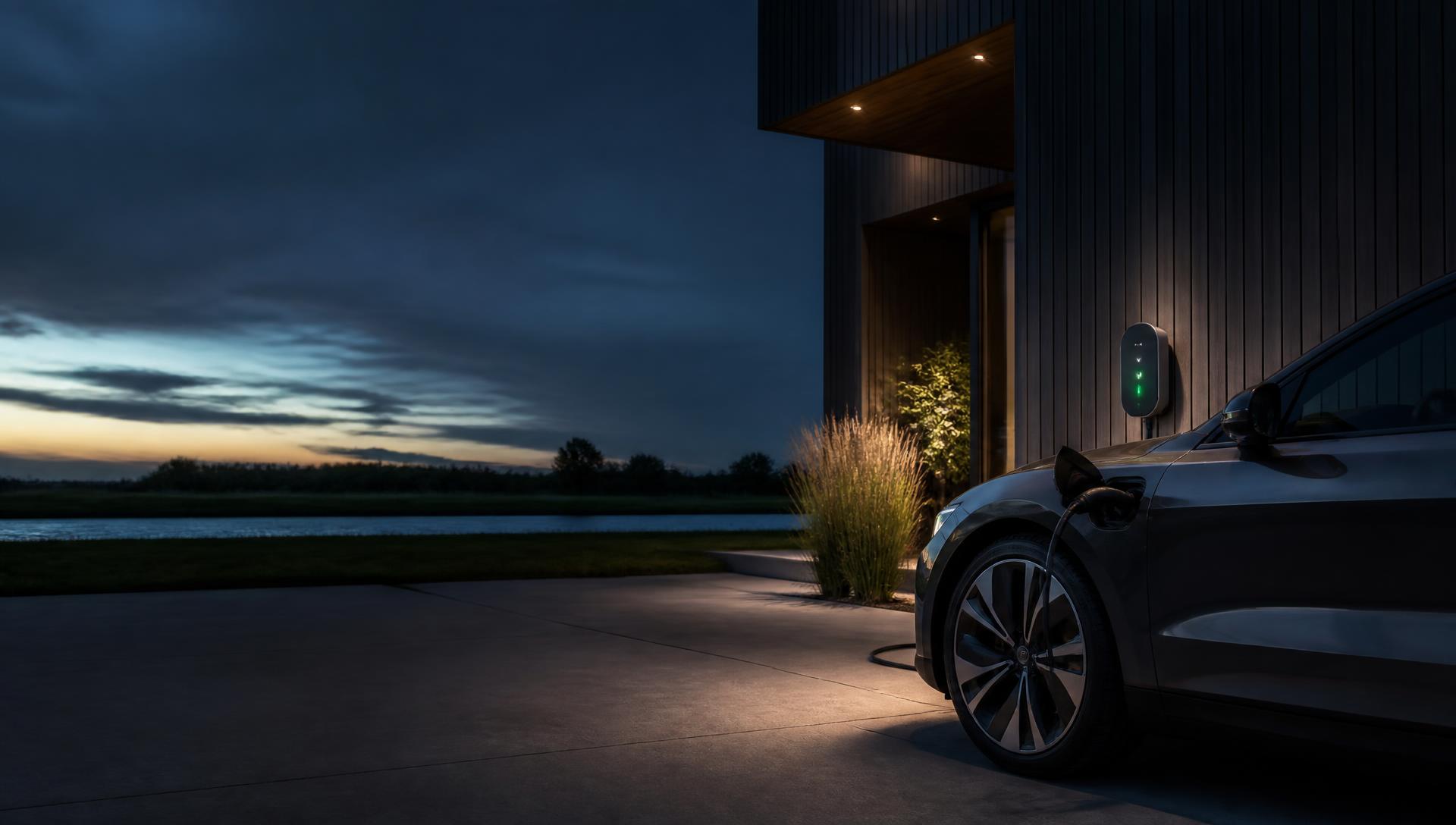 Elektrische auto laadt bij een moderne woning